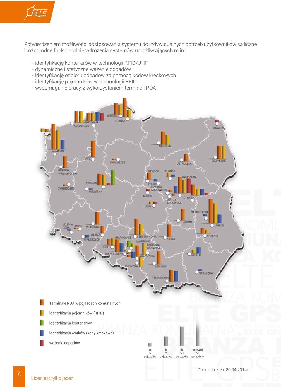 : - identyfikację kontenerów w technologii RFID/UHF - dynamiczne i statyczne ważenie odpadów - identyfikację odbioru odpadów za pomocą kodów kreskowych - identyfikację