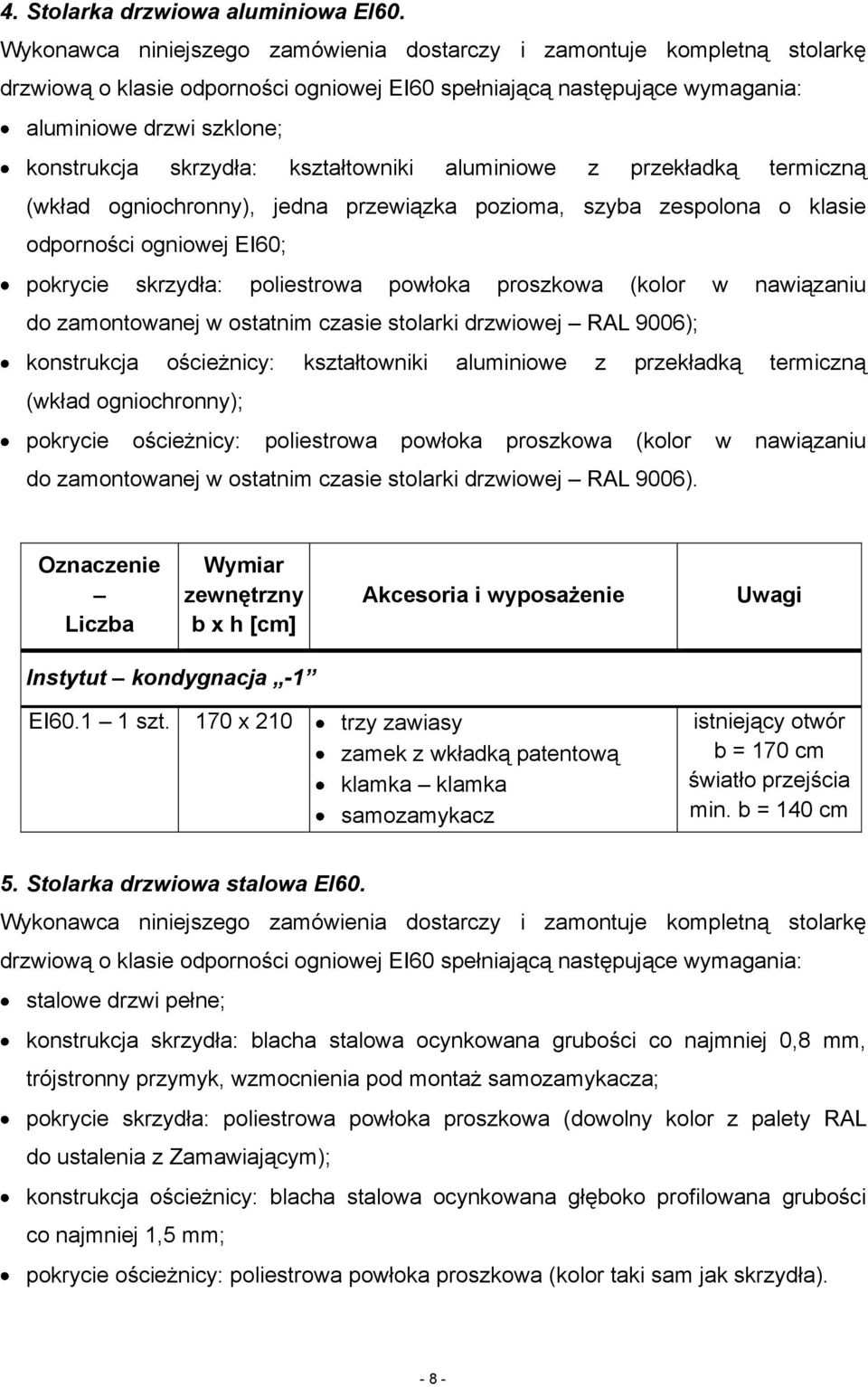 kształtowniki aluminiowe z przekładką termiczną (wkład ogniochronny), jedna przewiązka pozioma, szyba zespolona o klasie odporności ogniowej EI60; pokrycie skrzydła: poliestrowa powłoka proszkowa