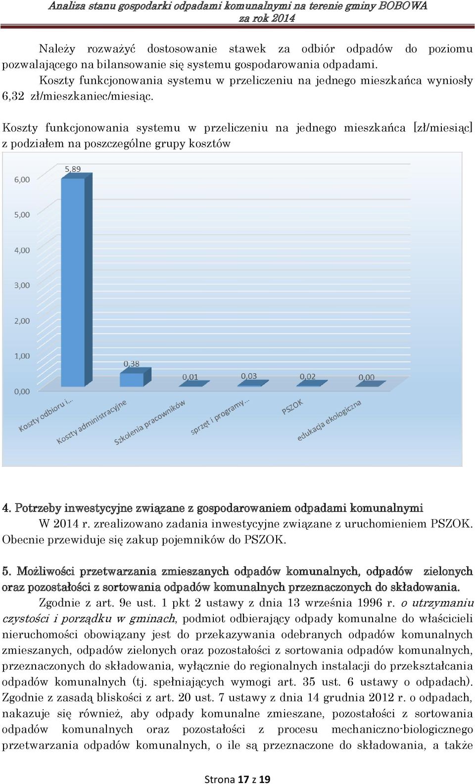 Koszty funkcjonowania systemu w przeliczeniu na jednego mieszkańca [zł/miesiąc] z podziałem na poszczególne grupy kosztów 4.