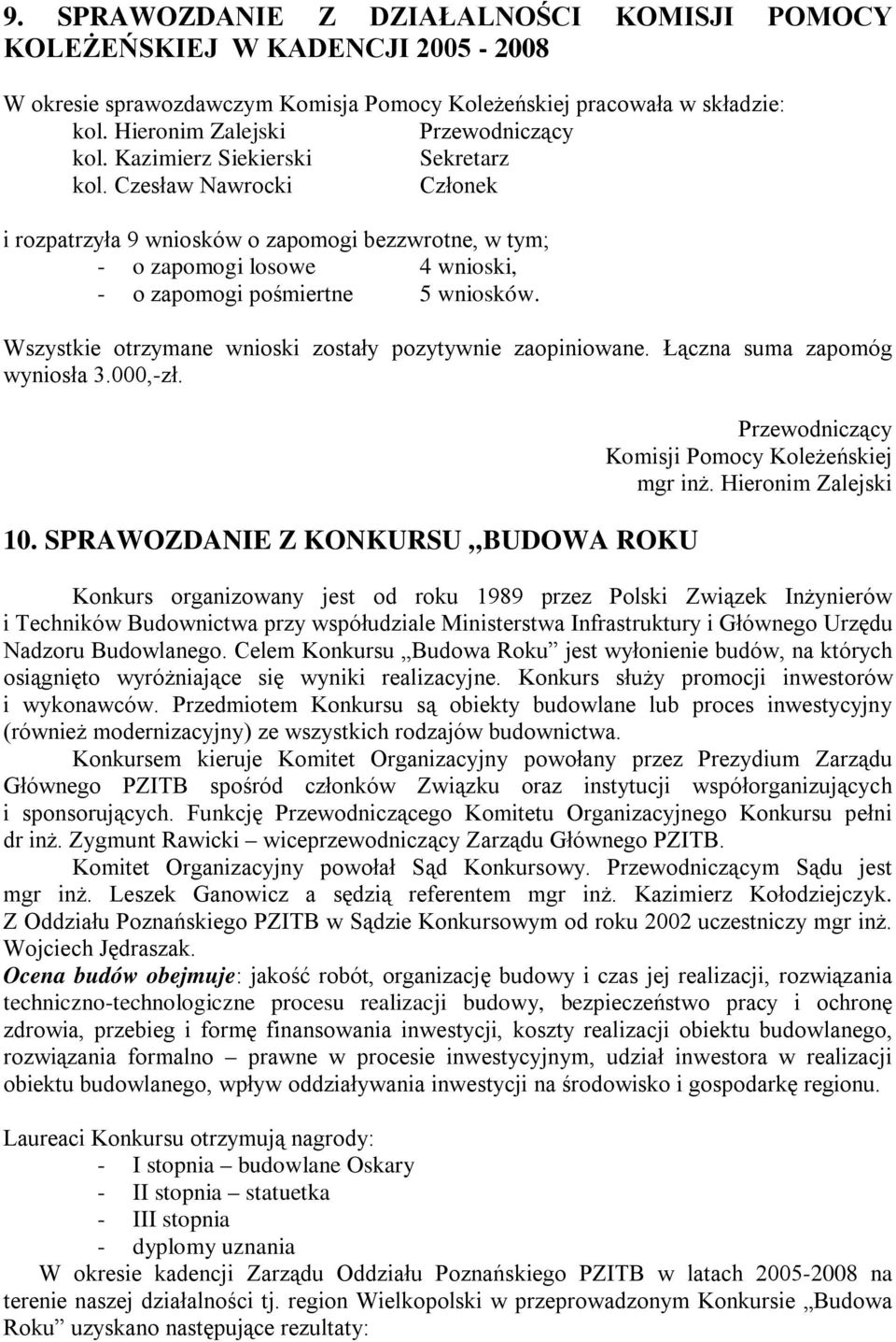 Wszystkie otrzymane wnioski zostały pozytywnie zaopiniowane. Łączna suma zapomóg wyniosła 3.000,-zł. 10. SPRAWOZDANIE Z KONKURSU BUDOWA ROKU Przewodniczący Komisji Pomocy Koleżeńskiej mgr inż.