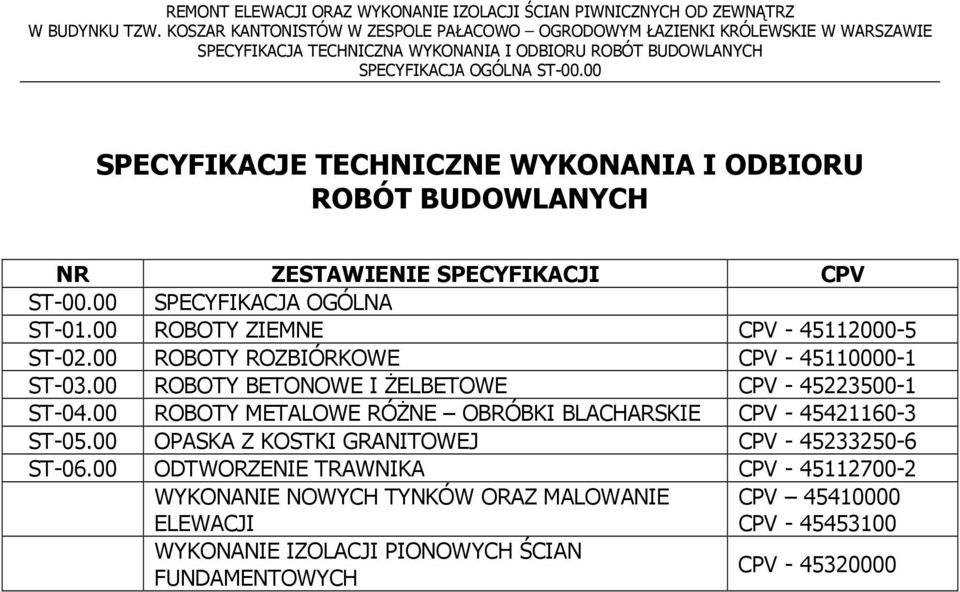 00 ROBOTY BETONOWE I ŻELBETOWE CPV - 45223500-1 ST-04.00 ROBOTY METALOWE RÓŻNE OBRÓBKI BLACHARSKIE CPV - 45421160-3 ST-05.