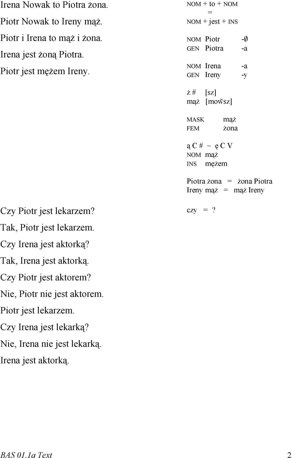 INS mężem Piotra żona = żona Piotra Ireny mąż = mąż Ireny Czy Piotr jest lekarzem? Tak, Piotr jest lekarzem. Czy Irena jest aktorką?