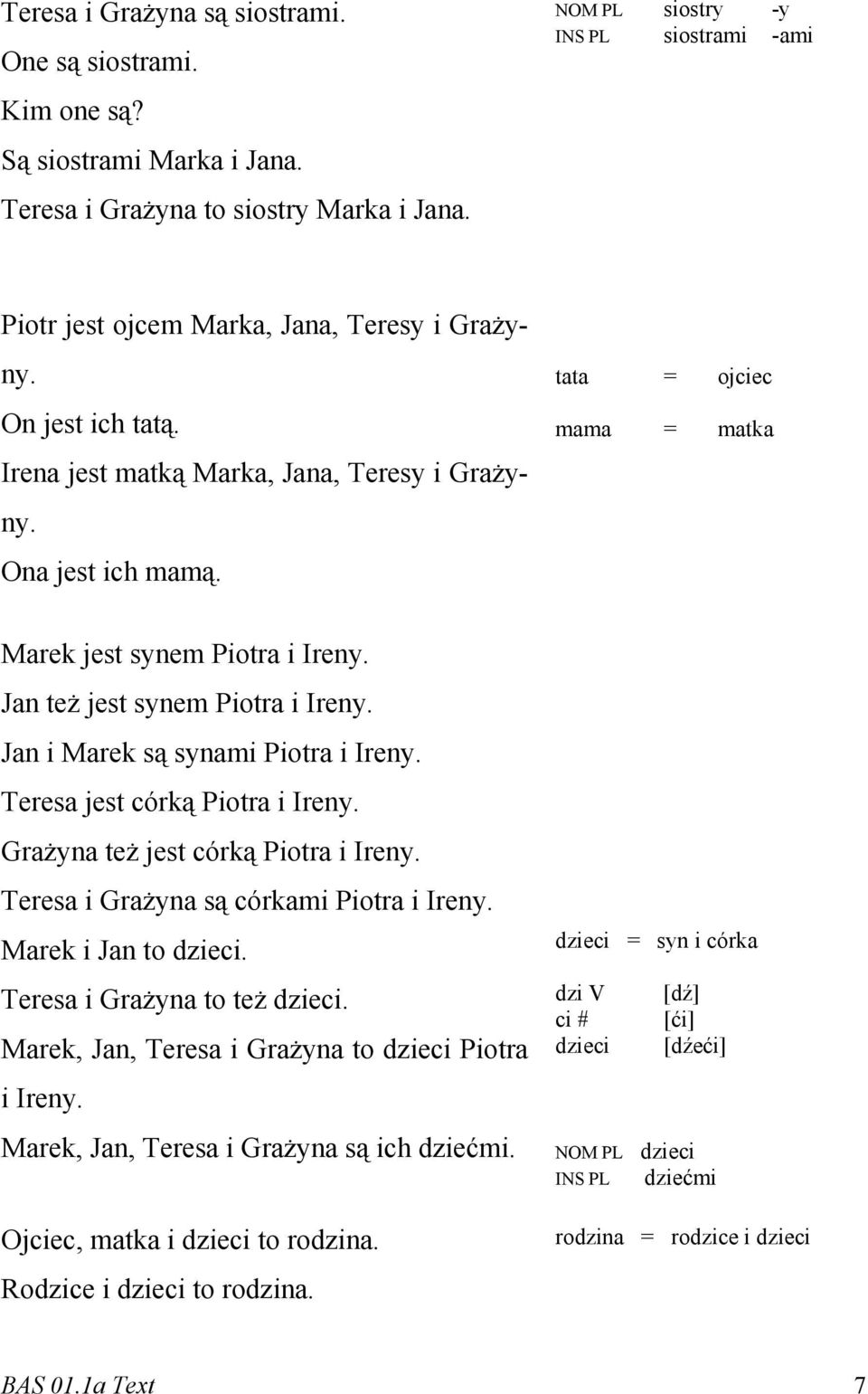 tata = ojciec mama = matka Marek jest synem Piotra i Ireny. Jan też jest synem Piotra i Ireny. Jan i Marek są synami Piotra i Ireny. Teresa jest córką Piotra i Ireny.