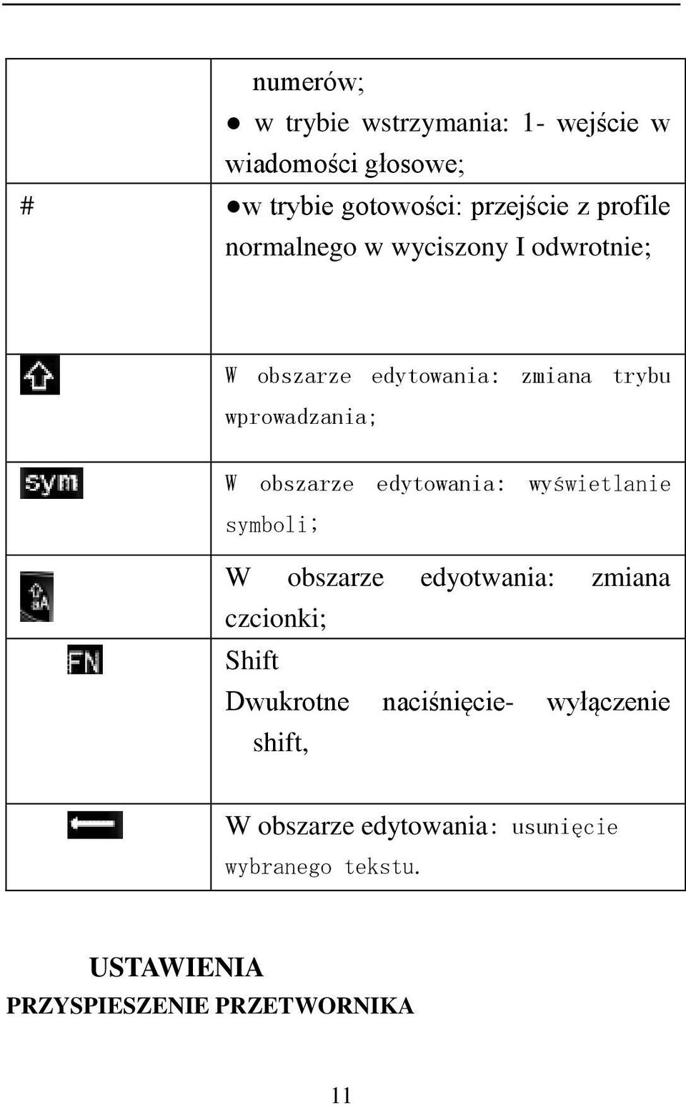 obszarze edytowania: wyświetlanie symboli; W obszarze edyotwania: zmiana czcionki; Shift Dwukrotne