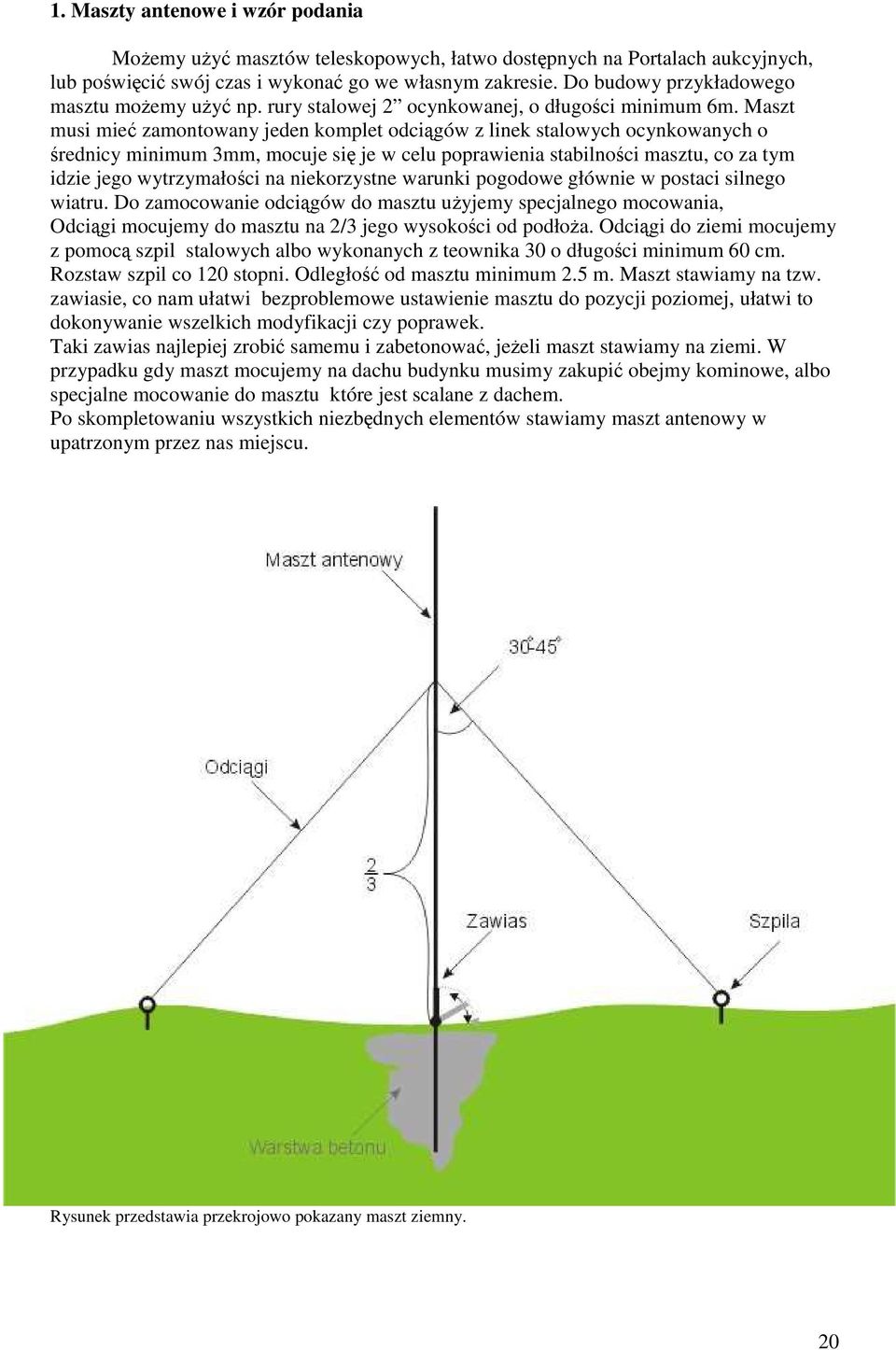 Maszt musi mieć zamontowany jeden komplet odciągów z linek stalowych ocynkowanych o średnicy minimum 3mm, mocuje się je w celu poprawienia stabilności masztu, co za tym idzie jego wytrzymałości na