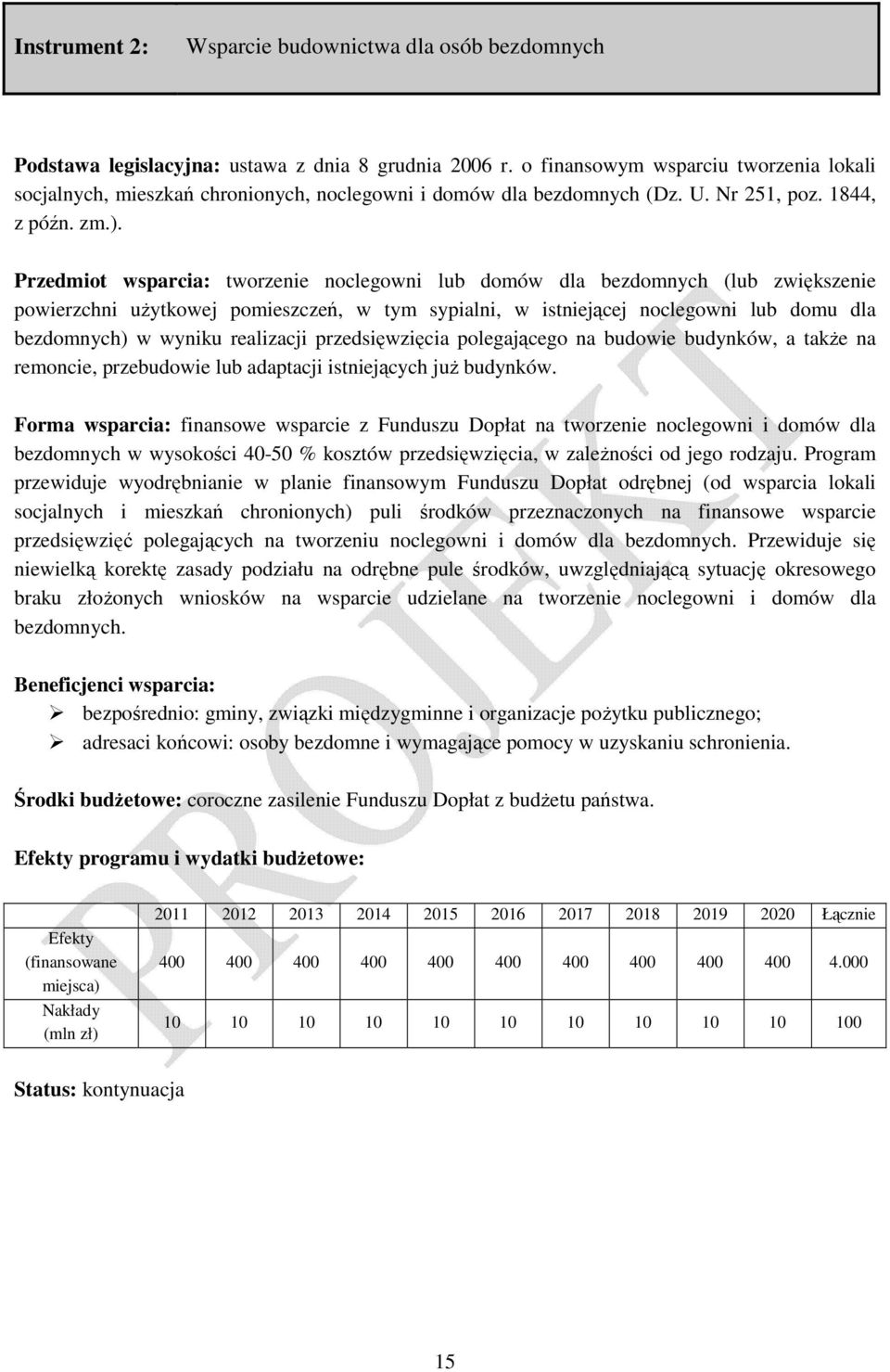 Przedmiot wsparcia: tworzenie noclegowni lub domów dla bezdomnych (lub zwiększenie powierzchni uŝytkowej pomieszczeń, w tym sypialni, w istniejącej noclegowni lub domu dla bezdomnych) w wyniku