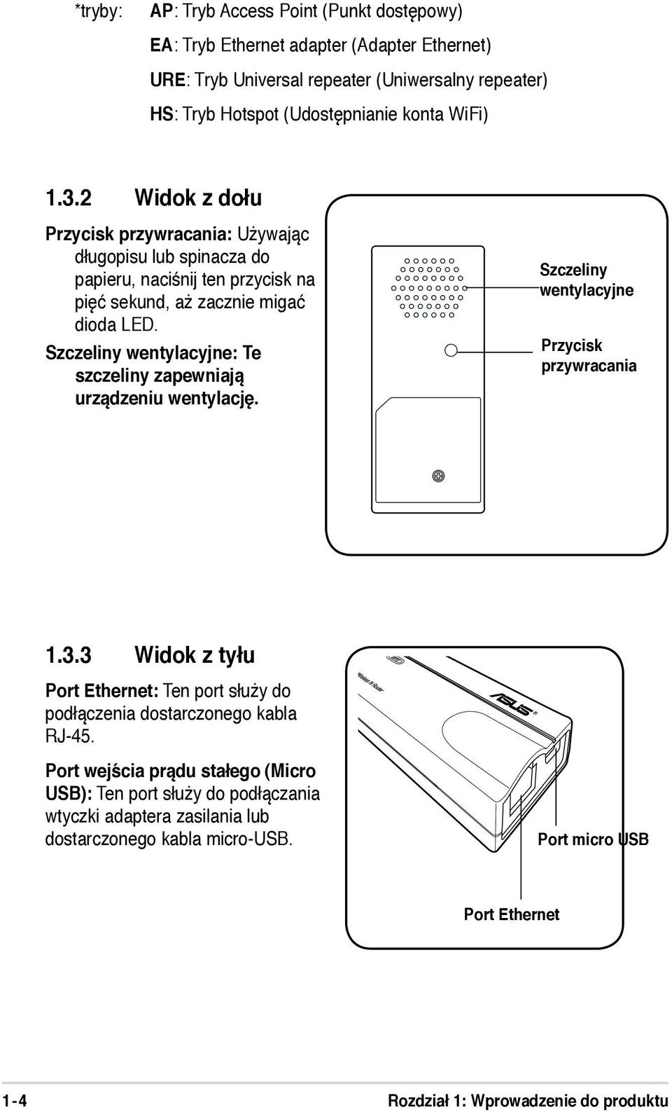 Szczeliny wentylacyjne: Te szczeliny zapewniają urządzeniu wentylację. Szczeliny wentylacyjne Przycisk przywracania 1.3.