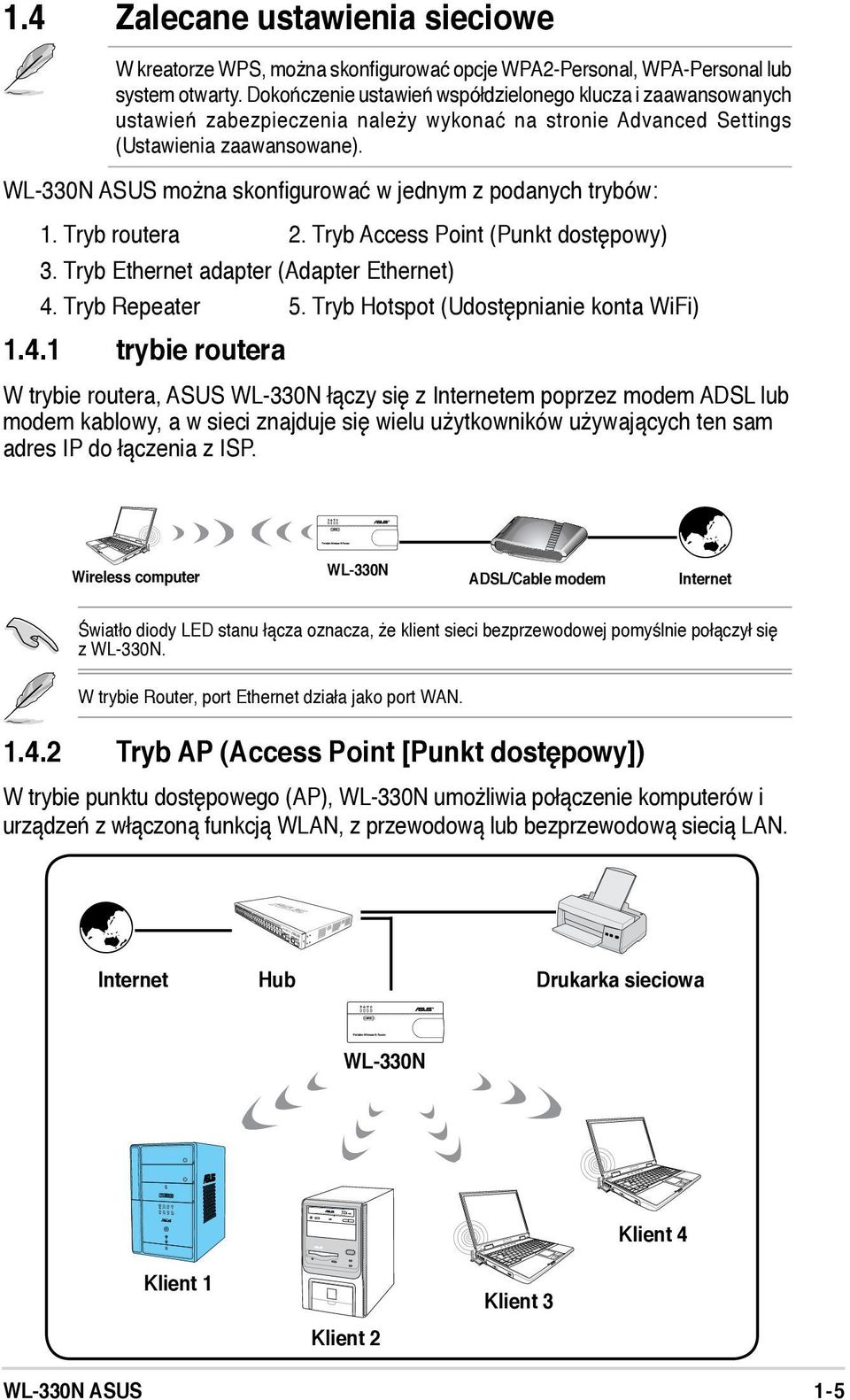 WL-330N ASUS można skonfigurować w jednym z podanych trybów: 1. Tryb routera 2. Tryb Access Point (Punkt dostępowy) 3. Tryb Ethernet adapter (Adapter Ethernet) 4. Tryb Repeater 5.