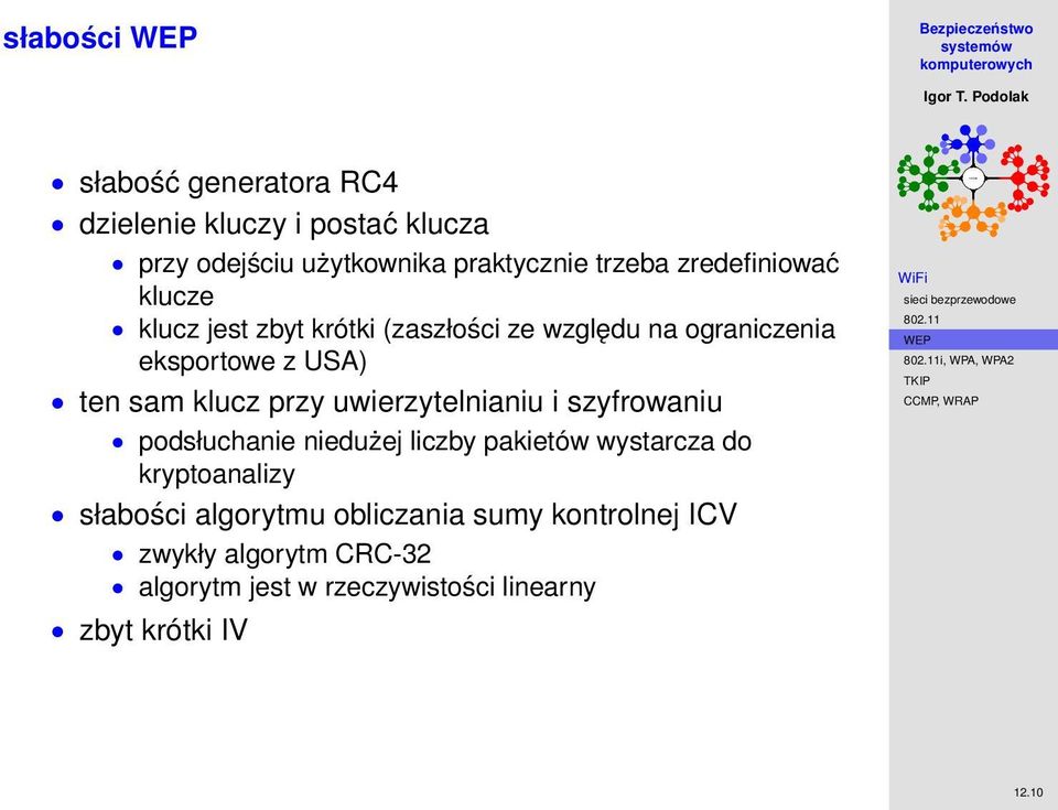 przy uwierzytelnianiu i szyfrowaniu podsłuchanie niedużej liczby pakietów wystarcza do kryptoanalizy słabości