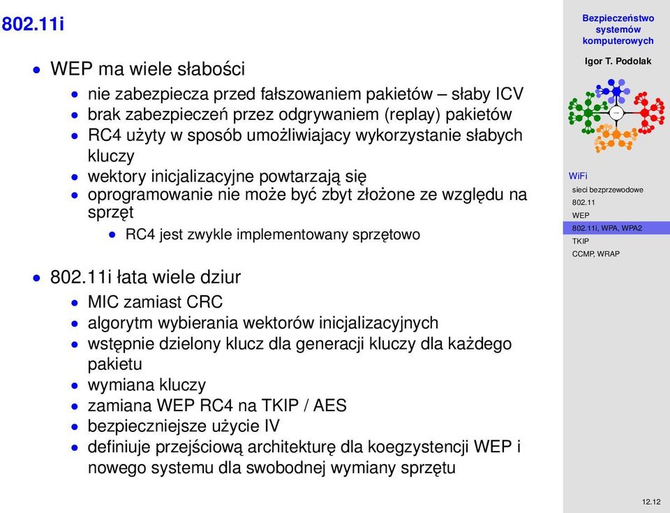 sprzętowo i łata wiele dziur MIC zamiast CRC algorytm wybierania wektorów inicjalizacyjnych wstępnie dzielony klucz dla generacji kluczy dla każdego pakietu wymiana