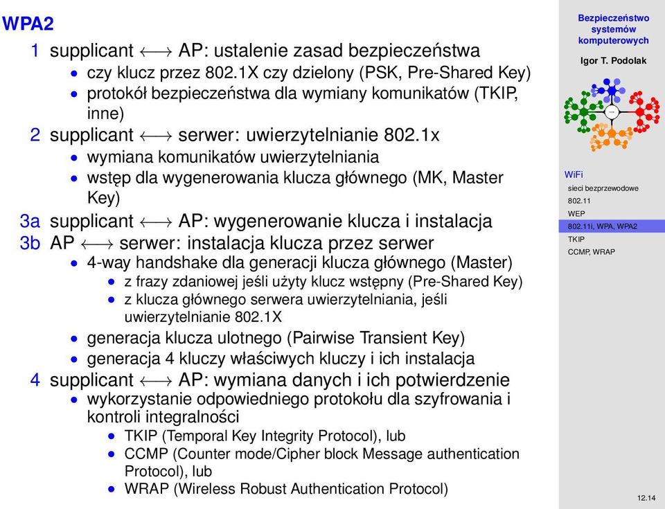 1x wymiana komunikatów uwierzytelniania wstęp dla wygenerowania klucza głównego (MK, Master Key) 3a supplicant AP: wygenerowanie klucza i instalacja 3b AP serwer: instalacja klucza przez serwer 4-way