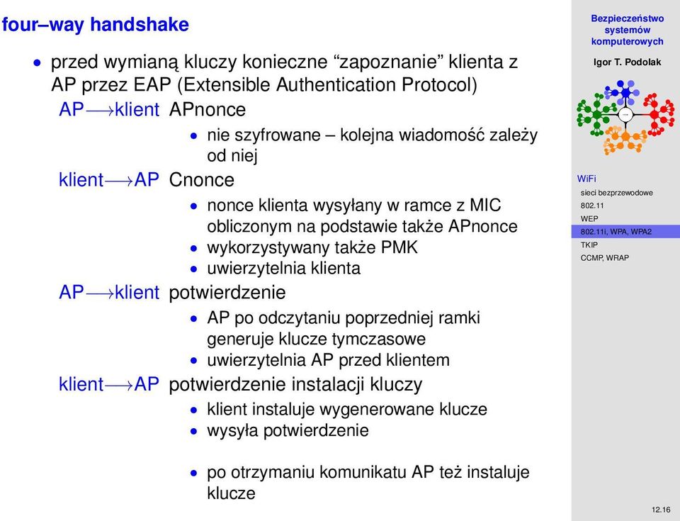 także PMK uwierzytelnia klienta AP klient potwierdzenie AP po odczytaniu poprzedniej ramki generuje klucze tymczasowe uwierzytelnia AP przed klientem