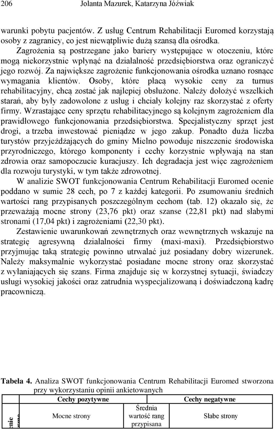 Za największe zagrożenie funkcjonowania ośrodka uznano rosnące wymagania klientów. Osoby, które płacą wysokie ceny za turnus rehabilitacyjny, chcą zostać jak najlepiej obsłużone.