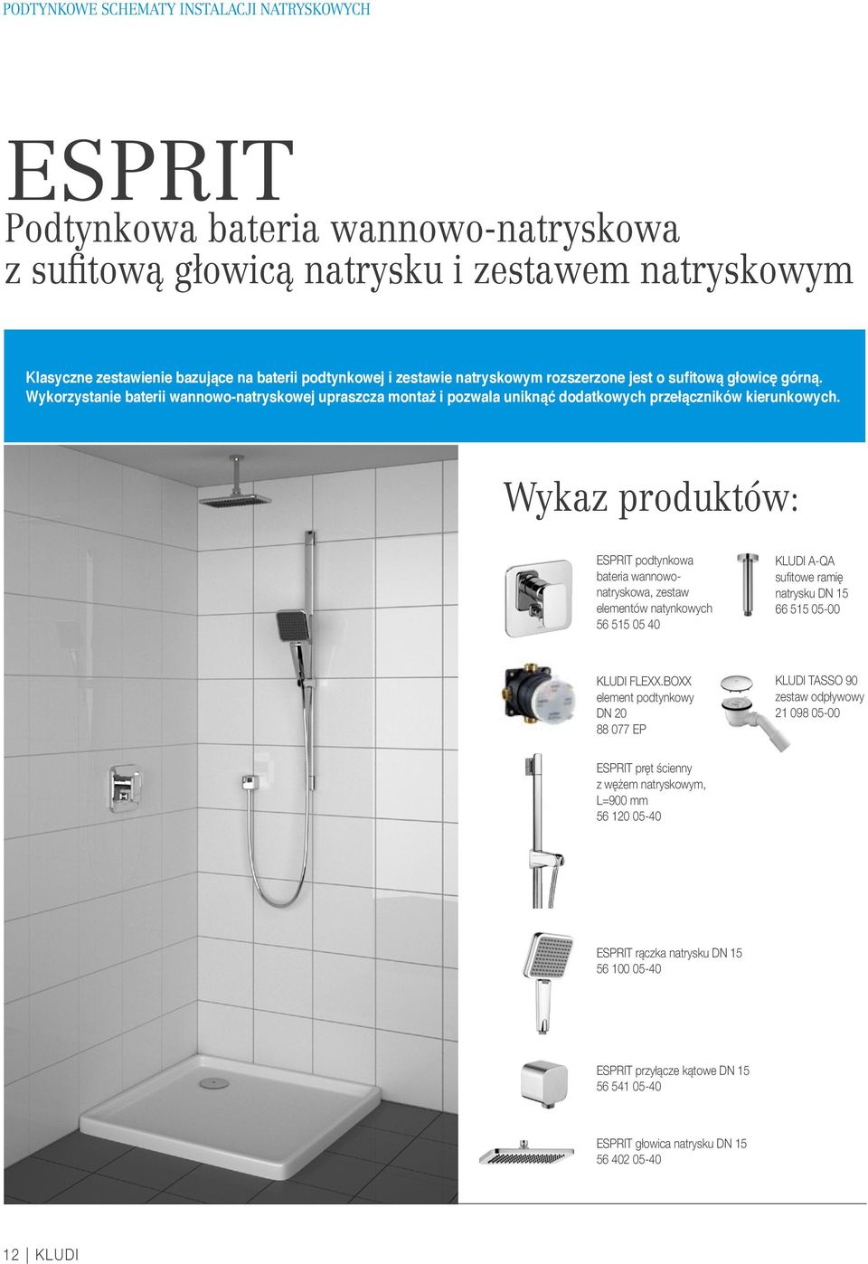 Wykaz produktów: ESPRIT podtynkowa bateria wannowonatryskowa, zestaw elementów natynkowych 56 515 05 40 KLUDI A-QA sufitowe ramię natrysku 66 515 05-00 KLUDI FLEXX.