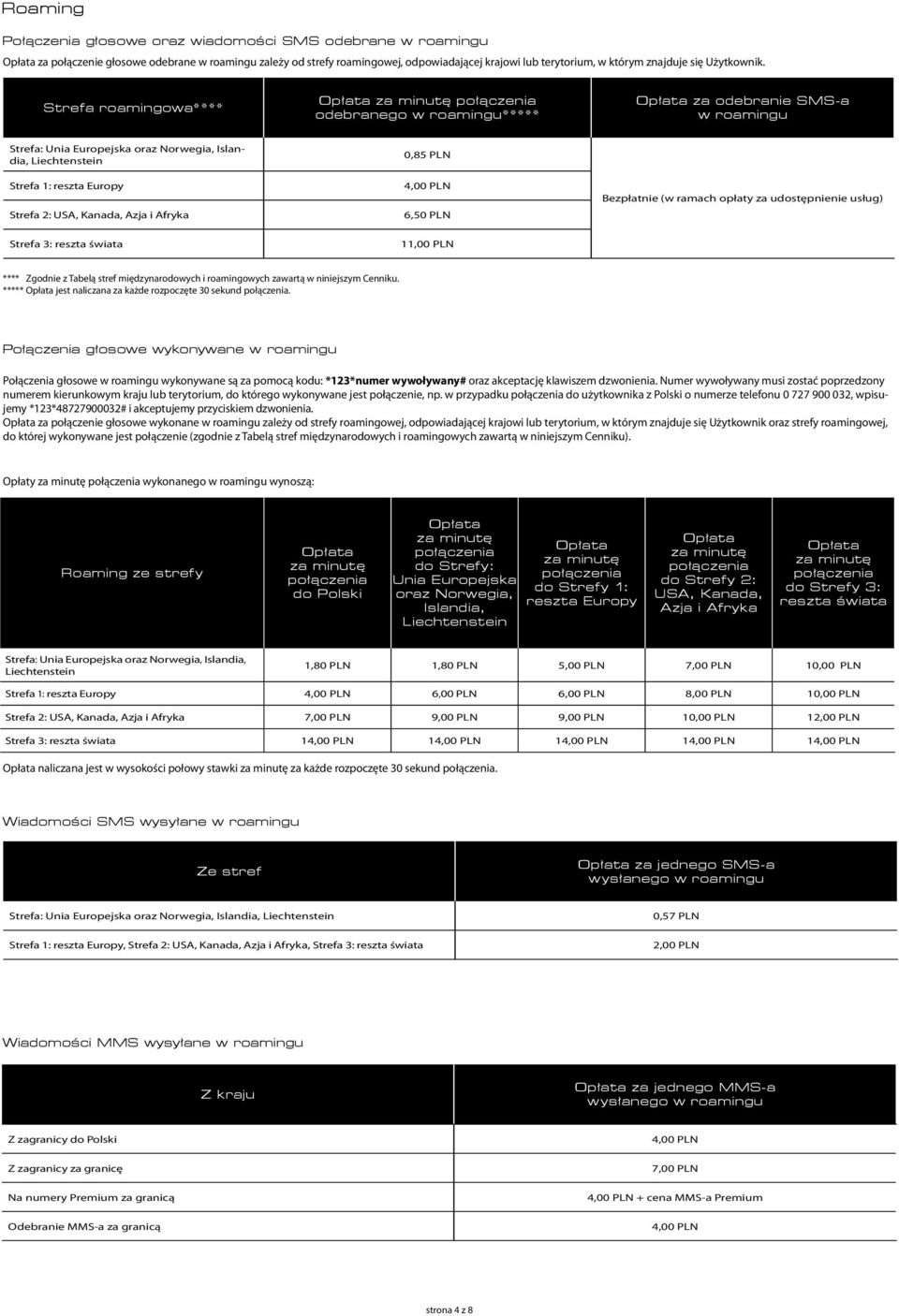 Strefa roamingowa**** odebranego w roamingu***** za odebranie SMS-a w roamingu Strefa: Unia Europejska oraz Norwegia, Islandia, Liechtenstein Strefa 1: reszta Europy Strefa 2: USA, Kanada, Azja i