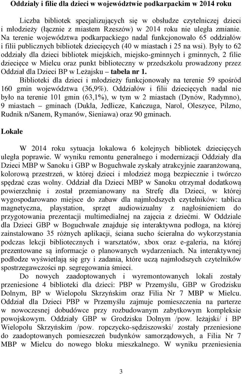 Były to 62 oddziały dla dzieci bibliotek miejskich, miejsko-gminnych i gminnych, 2 filie dziecięce w Mielcu oraz punkt biblioteczny w przedszkolu prowadzony przez BP w Leżajsku tabela nr 1.