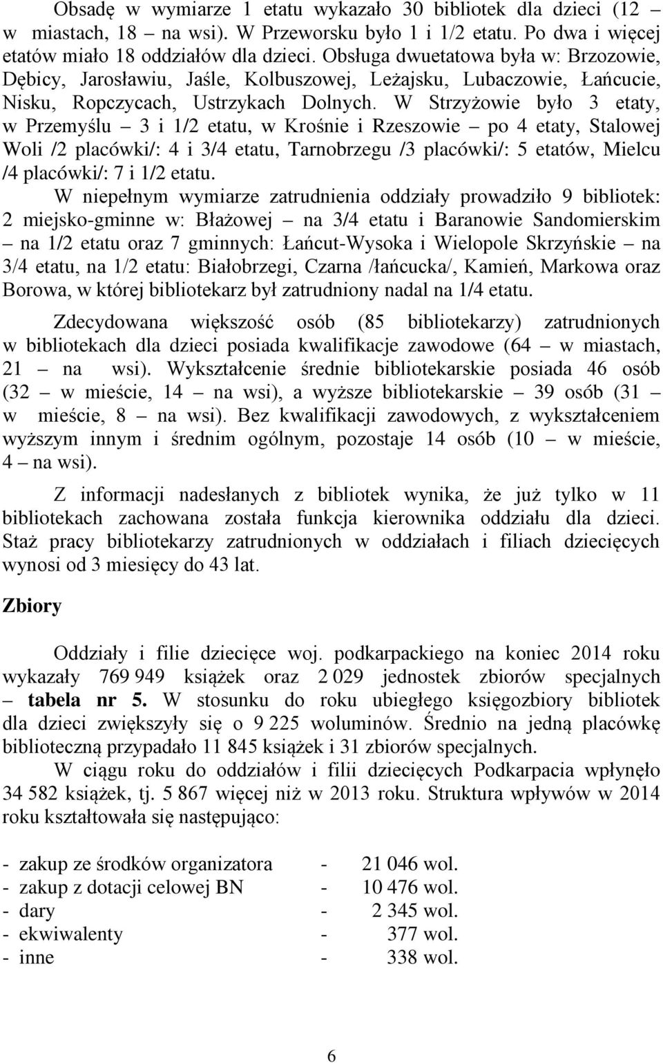 W Strzyżowie było 3 etaty, w Przemyślu 3 i 1/2 etatu, w Krośnie i Rzeszowie po 4 etaty, Stalowej Woli /2 placówki/: 4 i 3/4 etatu, Tarnobrzegu /3 placówki/: 5 etatów, Mielcu /4 placówki/: 7 i 1/2