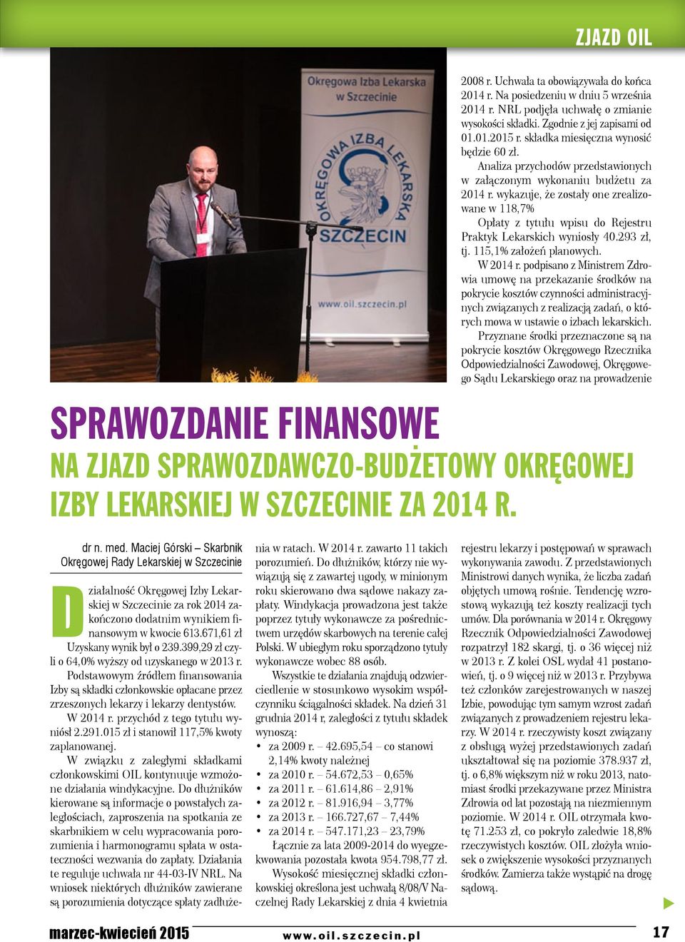 wykazuje, że zostały one zrealizowane w 118,7% Opłaty z tytułu wpisu do Rejestru Praktyk Lekarskich wyniosły 40.293 zł, tj. 115,1% założeń planowych. W 2014 r.