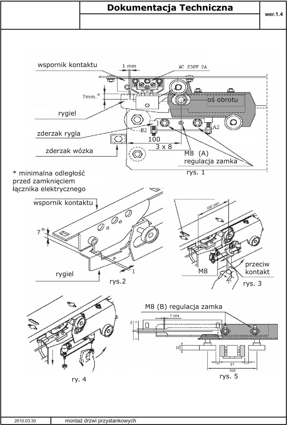wspornik kontaktu 100 3 x 8 M8 (A) regulacja zamka rys.