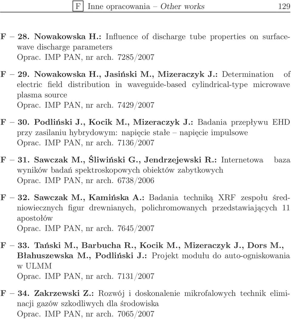 IMP PAN, nr arch. 7136/2007 F 31. Sawczak M., Śliwiński G., Jendrzejewski R.: Internetowa wyników badań spektroskopowych obiektów zabytkowych Oprac. IMP PAN, nr arch. 6738/2006 baza F 32. Sawczak M., Kamińska A.