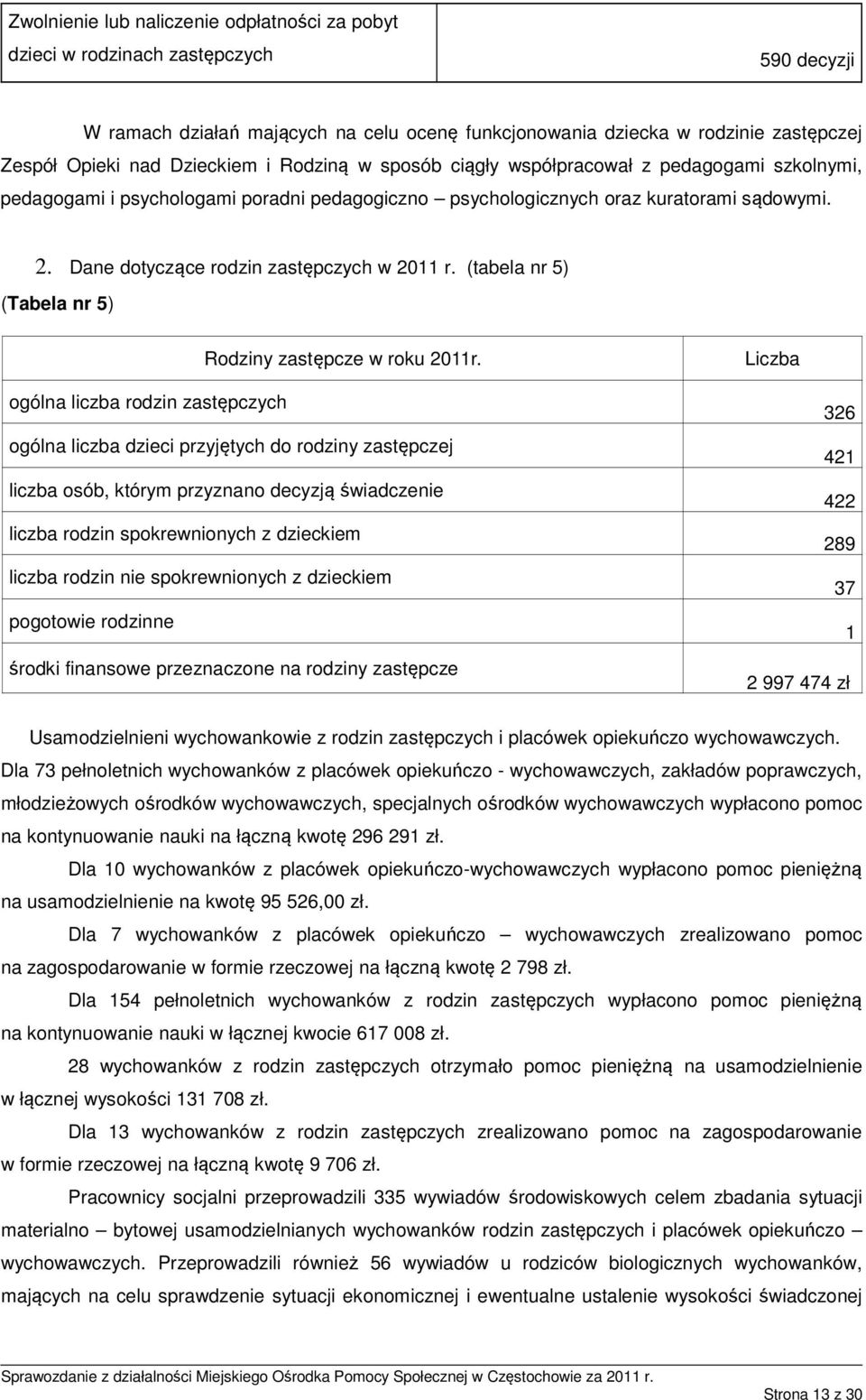 Dane dotyczące rodzin zastępczych w 2011 r. (tabela nr 5) (Tabela nr 5) Rodziny zastępcze w roku 2011r.