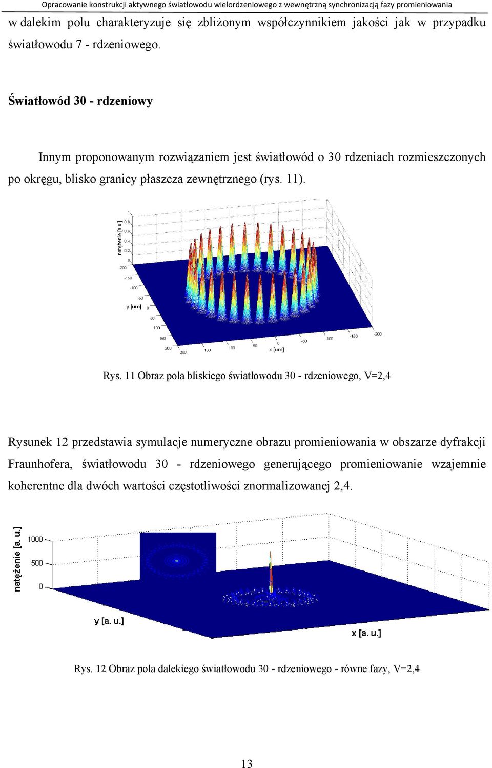 11 Obr pol blskego śwtłowodu 30 - rdeowego, V=2,4 Rysuek 12 predstw symulcje umeryce obru promeow w obsre dyfrkcj Fruhofer,