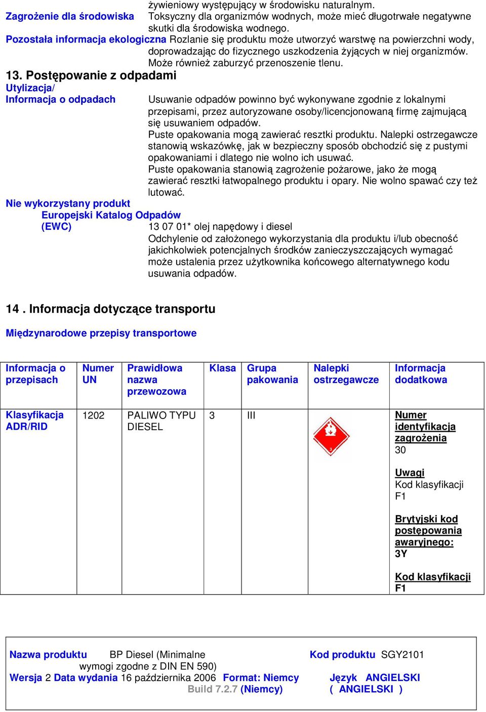 13. Postpowanie z odpadami Utylizacja/ Informacja o odpadach Nie wykorzystany produkt Europejski Katalog Odpadów (EWC) Usuwanie odpadów powinno by wykonywane zgodnie z lokalnymi przepisami, przez