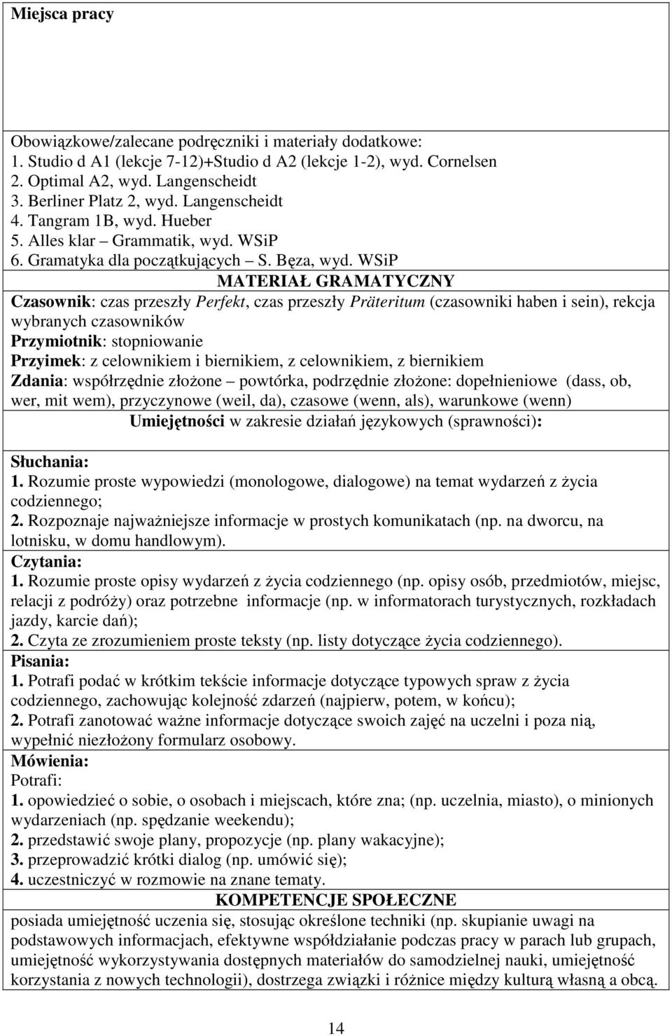 WSiP MATERIAŁ GRAMATYCZNY Czasownik: czas przeszły Perfekt, czas przeszły Präteritum (czasowniki haben i sein), rekcja wybranych czasowników Przymiotnik: stopniowanie Przyimek: z celownikiem i