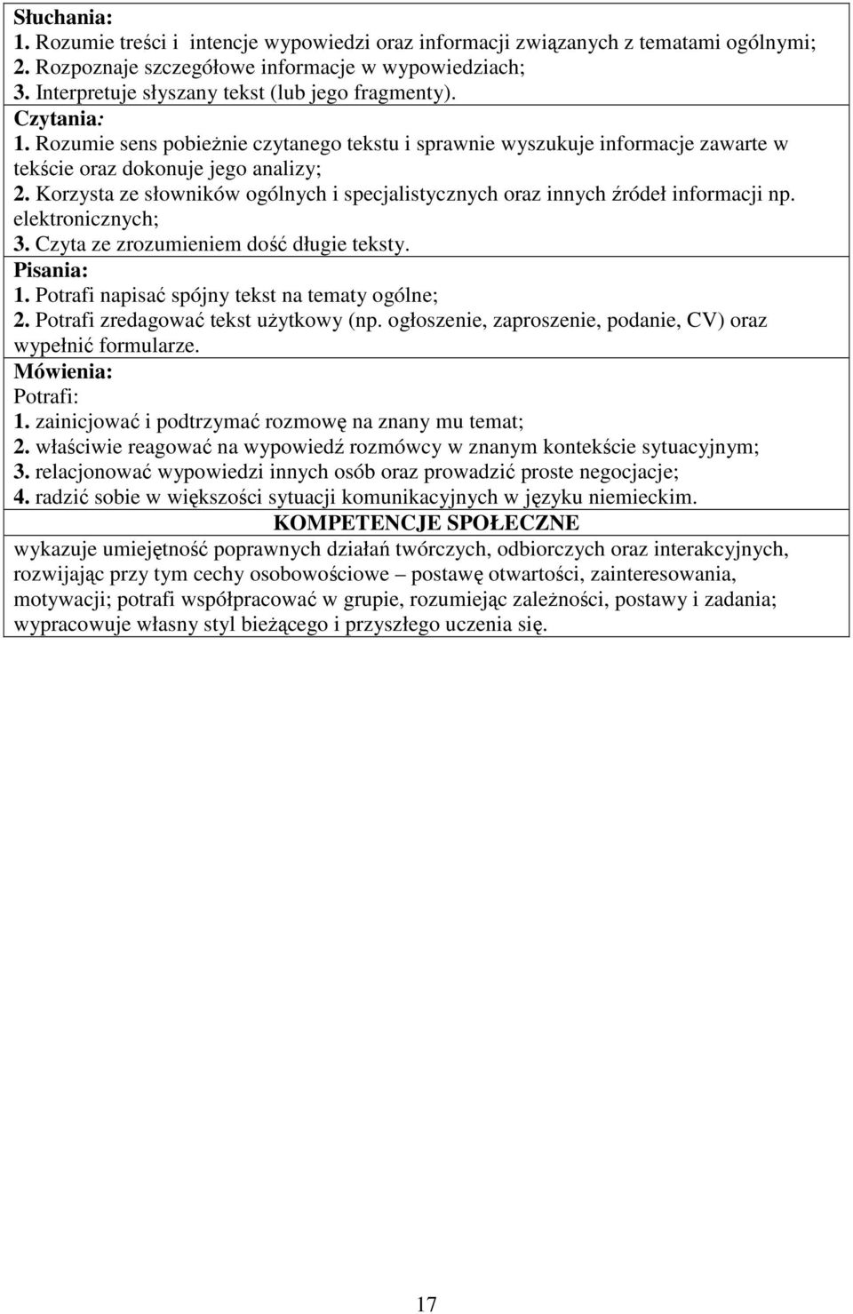 Korzysta ze słowników ogólnych i specjalistycznych oraz innych źródeł informacji np. elektronicznych; 3. Czyta ze zrozumieniem dość długie teksty. 1. Potrafi napisać spójny tekst na tematy ogólne; 2.