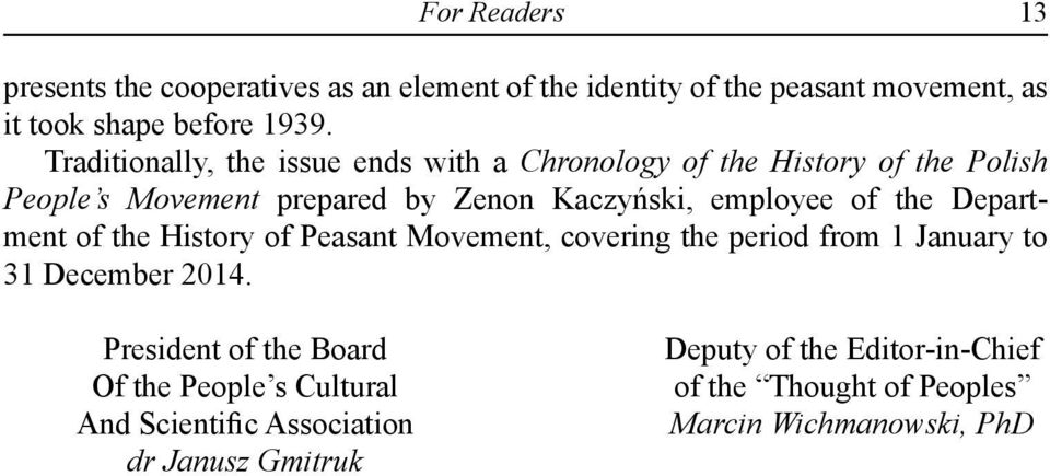 the Department of the History of Peasant Movement, covering the period from 1 January to 31 December 2014.