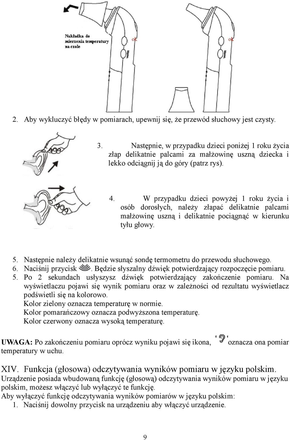 W przypadku dzieci powyŝej 1 roku Ŝycia i osób dorosłych, naleŝy złapać delikatnie palcami małŝowinę uszną i delikatnie pociągnąć w kierunku tyłu głowy. 5.