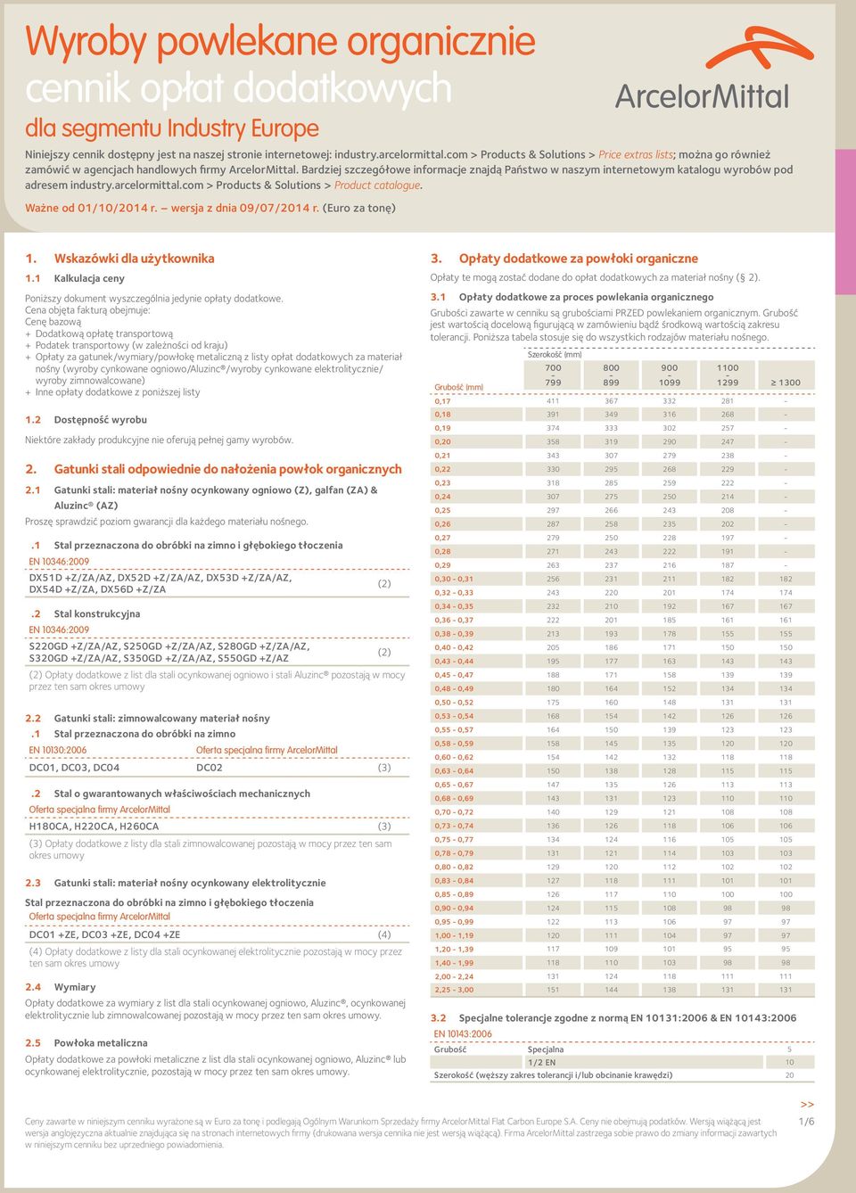 Bardziej szczegółowe informacje znajdą Państwo w naszym internetowym katalogu wyrobów pod adresem industry.arcelormittal.com > Products & Solutions > Product catalogue. Ważne od 01/10/2014 r.