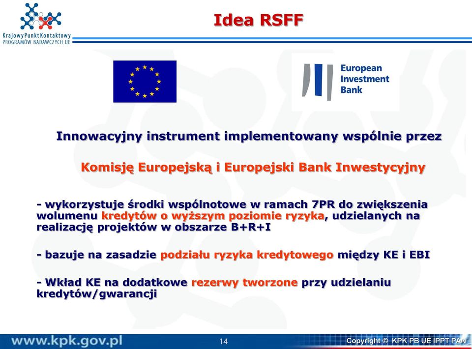 ryzyka, udzielanych na realizację projektów w obszarze B+R+I - bazuje na zasadzie podziału ryzyka kredytowego