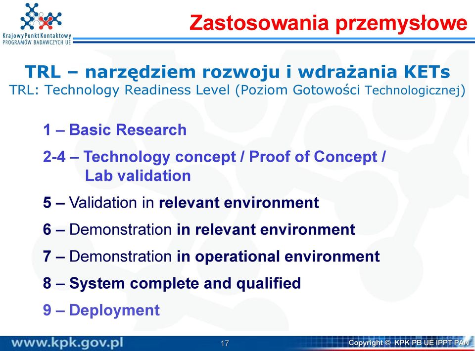 System complete and qualified 9 Deployment Zastosowania przemysłowe TRL narzędziem rozwoju i