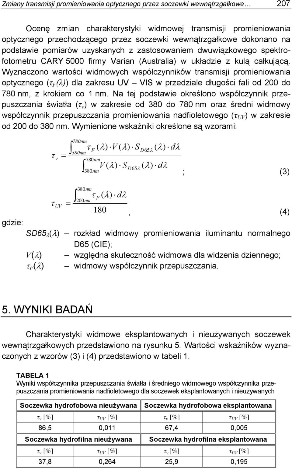 Wyznaczono wartości widmowych współczynników transmisji promieniowania optycznego (τ F (λ)) dla zakresu UV VIS w przedziale długości fali od 200 do 780 nm, z krokiem co 1 nm.