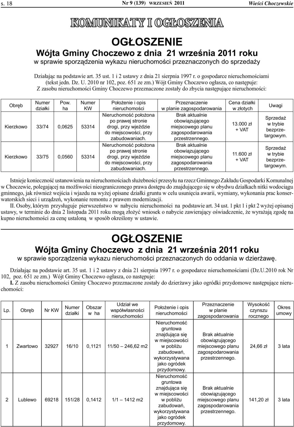 ) Wójt Gminy Choczewo ogłasza, co następuje: Z zasobu nieruchomości Gminy Choczewo przeznaczone zostały do zbycia następujące nieruchomości: Obręb Numer działki Pow.