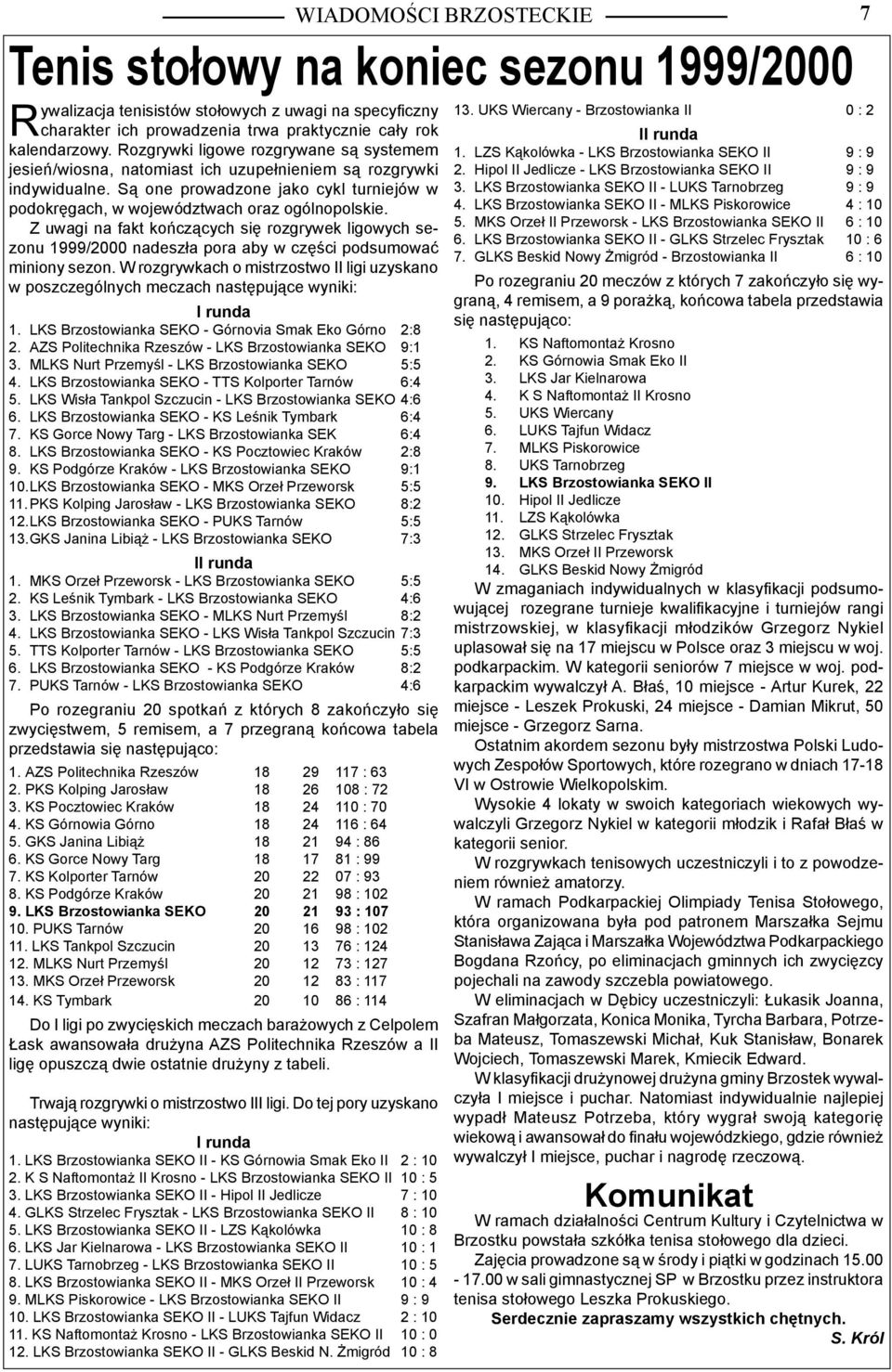 Z uwagi na fakt kończących się rozgrywek ligowych sezonu 1999/2000 nadeszła pora aby w części podsumować miniony sezon.