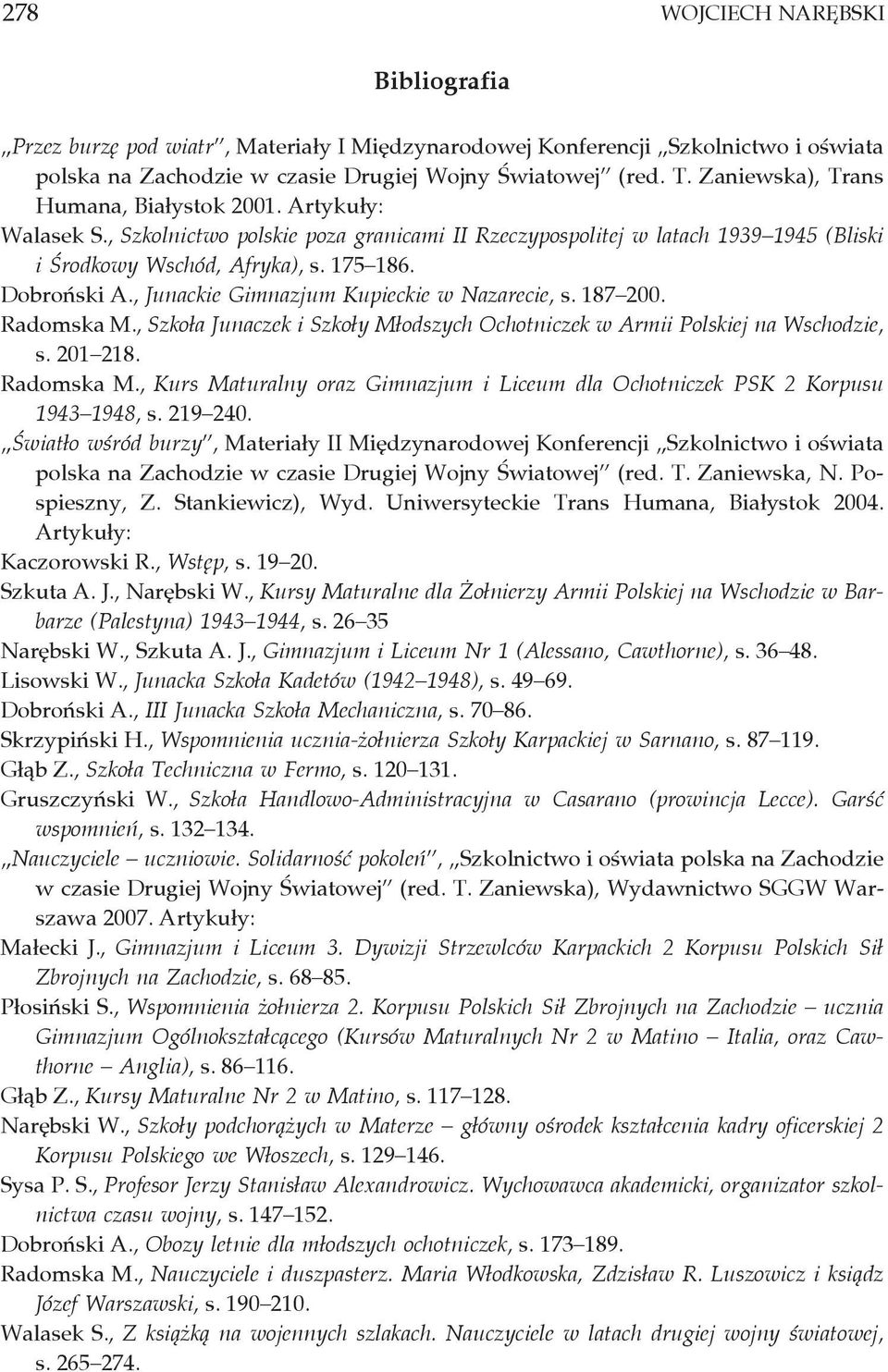 , Junackie Gimnazjum Kupieckie w Nazarecie, s. 187 200. Radomska M., Szkoła Junaczek i Szkoły Młodszych Ochotniczek w Armii Polskiej na Wschodzie, s. 201 218. Radomska M., Kurs Maturalny oraz Gimnazjum i Liceum dla Ochotniczek PSK 2 Korpusu 1943 1948, s.