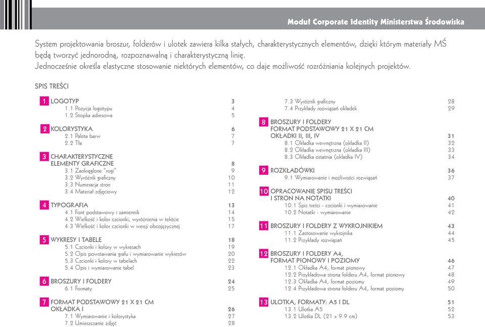 SPIS TREŚCI Moduł Corporate Identity Ministerstwa Środowiska 1 2 3 4 5 6 LOGOTYP 3 1.1 Pozycja logotypu 4 1.2 Stopka adresowa 5 KOLORYSTYKA 6 2.1 Paleta barw 7 2.