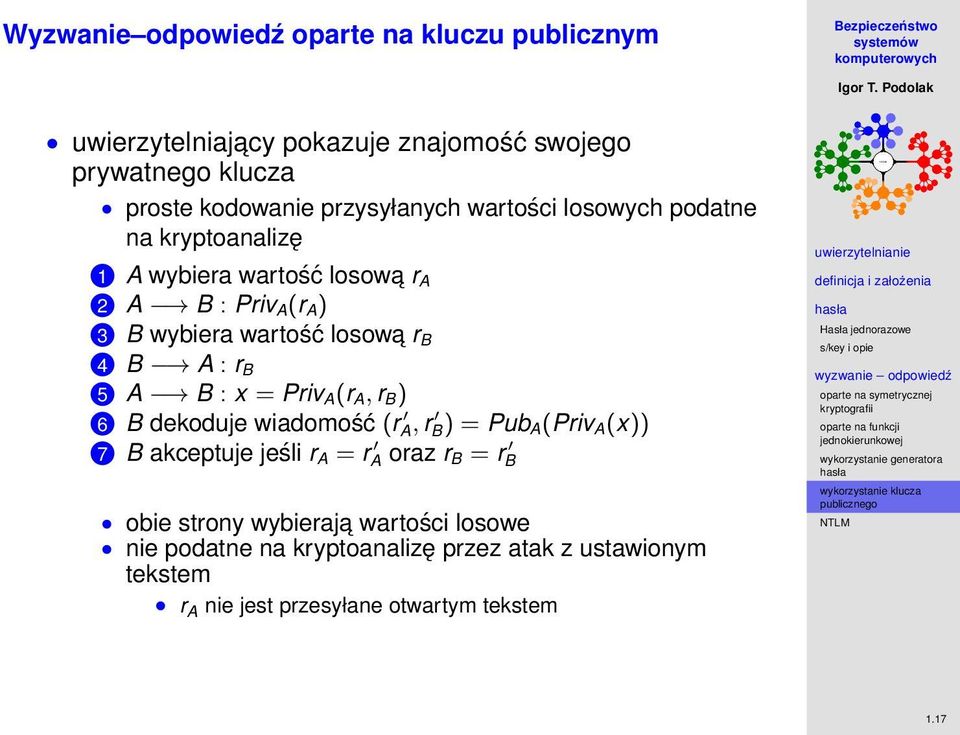 B 4 B A : r B 5 A B : x = Priv A (r A, r B ) 6 B dekoduje wiadomość (r A, r B) = Pub A (Priv A (x)) 7 B akceptuje jeśli r A = r A oraz r B