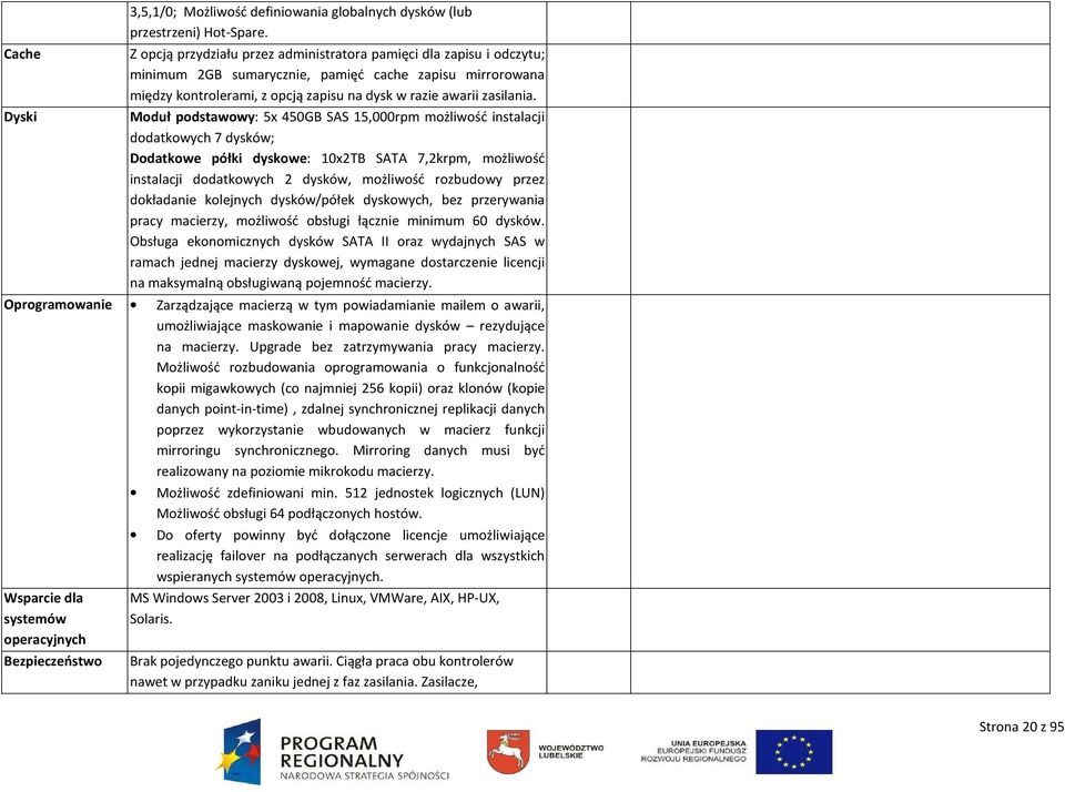 Moduł podstawowy: 5x 450GB SAS 15,000rpm możliwość instalacji dodatkowych 7 dysków; Dodatkowe półki dyskowe: 10x2TB SATA 7,2krpm, możliwość instalacji dodatkowych 2 dysków, możliwość rozbudowy przez