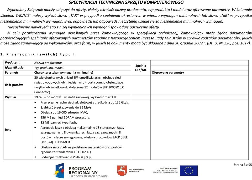 Brak odpowiedzi lub odpowiedź nieczytelną uznaje się za niespełnienie minimalnych wymagań. Niespełnienie nawet jednego z niżej wymienionych wymagań spowoduje odrzucenie oferty.