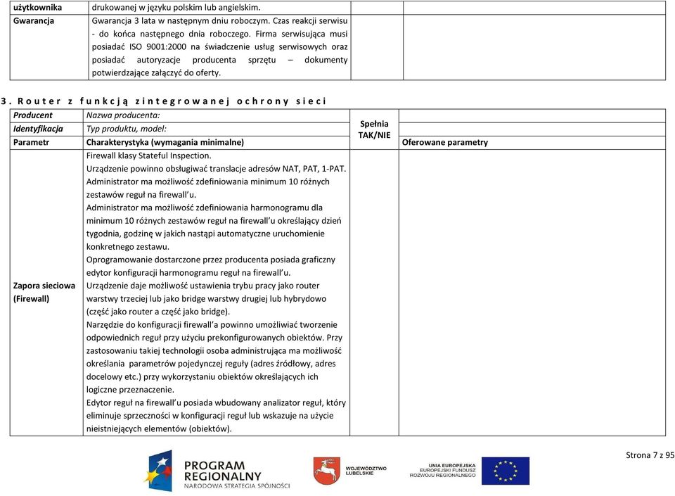R o u t e r z f u n k c j ą z i n t e g r o w a n e j o c h r o n y s i e c i Producent Nazwa producenta: Spełnia Identyfikacja Typ produktu, model: TAK/NIE Parametr Charakterystyka (wymagania