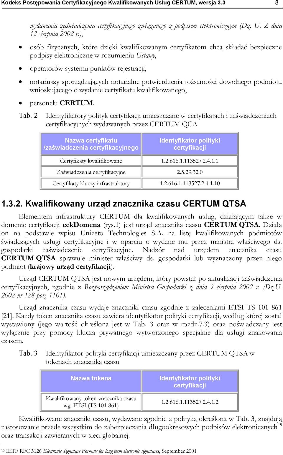 notarialne potwierdzenia tożsamości dowolnego podmiotu wnioskującego o wydanie certyfikatu kwalifikowanego, personelu CERTUM. Tab.