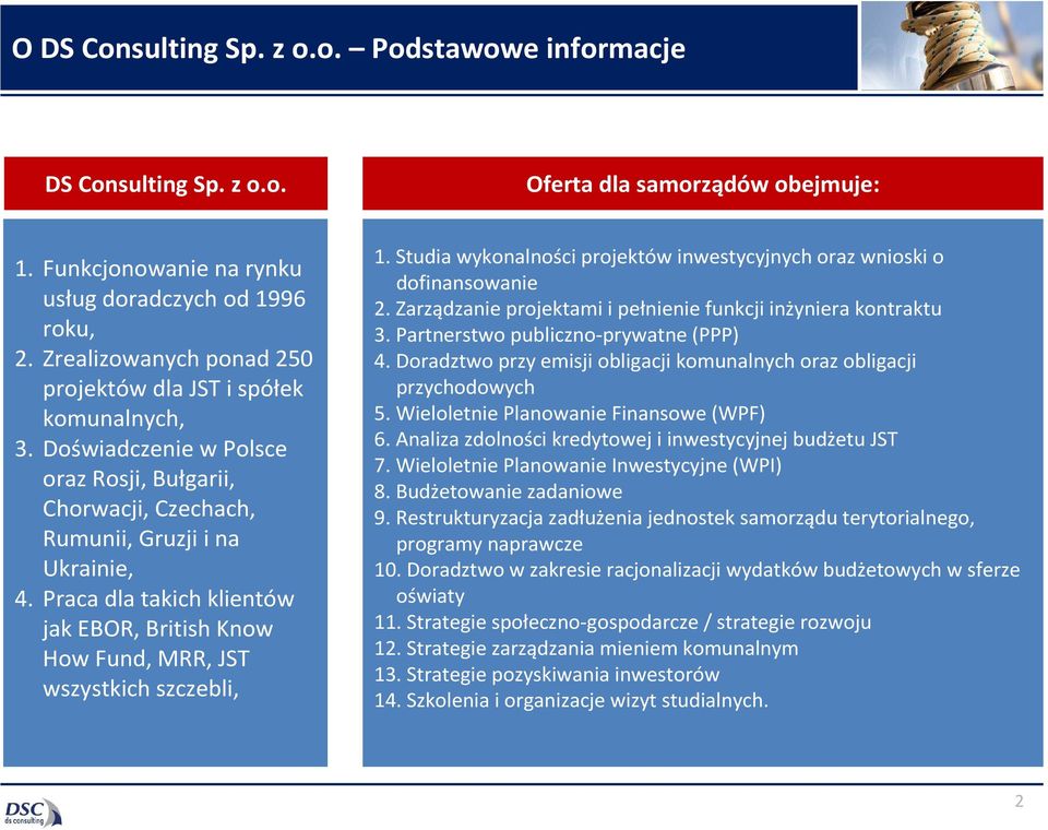 Praca dla takich klientów jak EBOR, British Know How Fund, MRR, JST wszystkich szczebli, 1. Studia wykonalności projektów inwestycyjnych oraz wnioski o dofinansowanie 2.