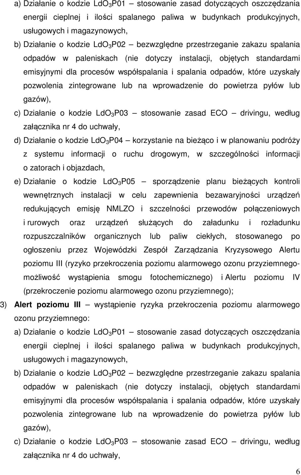 zintegrowane lub na wprowadzenie do powietrza pyłów lub gazów), c) Działanie o kodzie LdO 3 P03 stosowanie zasad ECO drivingu, według załącznika nr 4 do uchwały, d) Działanie o kodzie LdO 3 P04