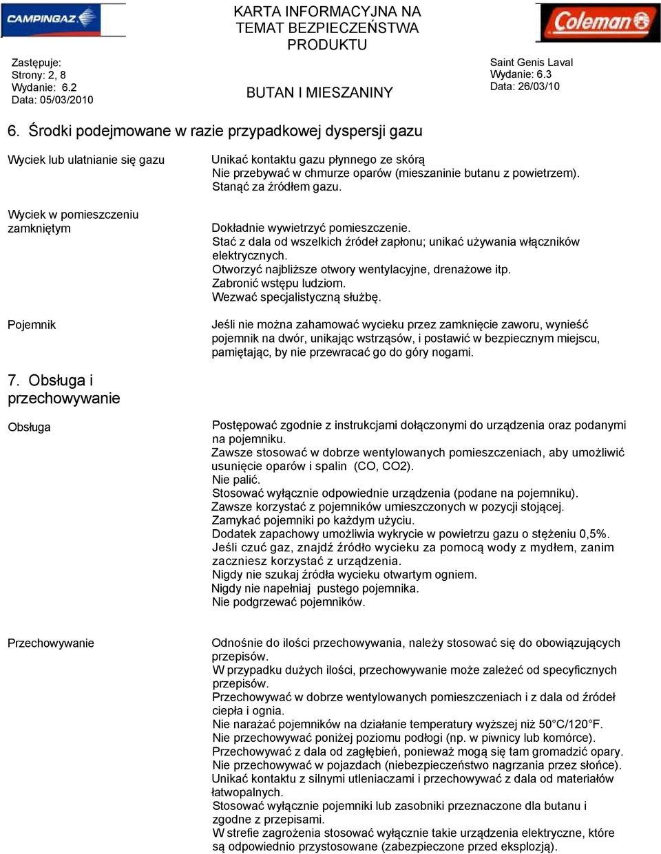 Otworzyć najbliższe otwory wentylacyjne, drenażowe itp. Zabronić wstępu ludziom. Wezwać specjalistyczną służbę.