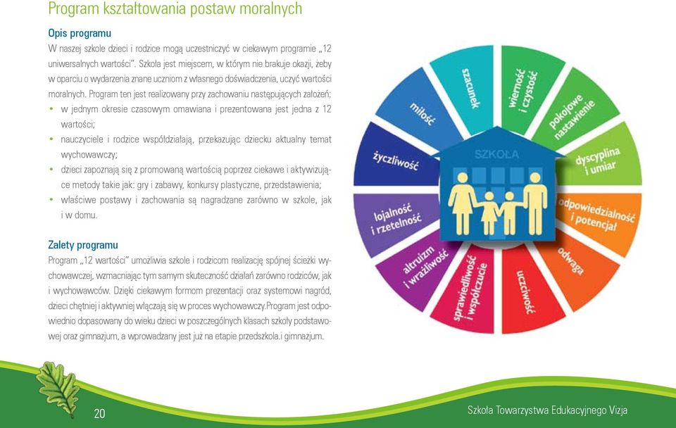 Program ten jest realizowany przy zachowaniu następujących założeń: w jednym okresie czasowym omawiana i prezentowana jest jedna z 12 wartości; nauczyciele i rodzice współdziałają, przekazując