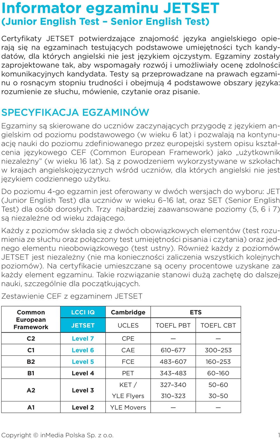 Testy są przeprowadzane na prawach egzaminu o rosnącym stopniu trudności i obejmują 4 podstawowe obszary języka: rozu mienie ze słuchu, mówienie, czytanie oraz pisanie.