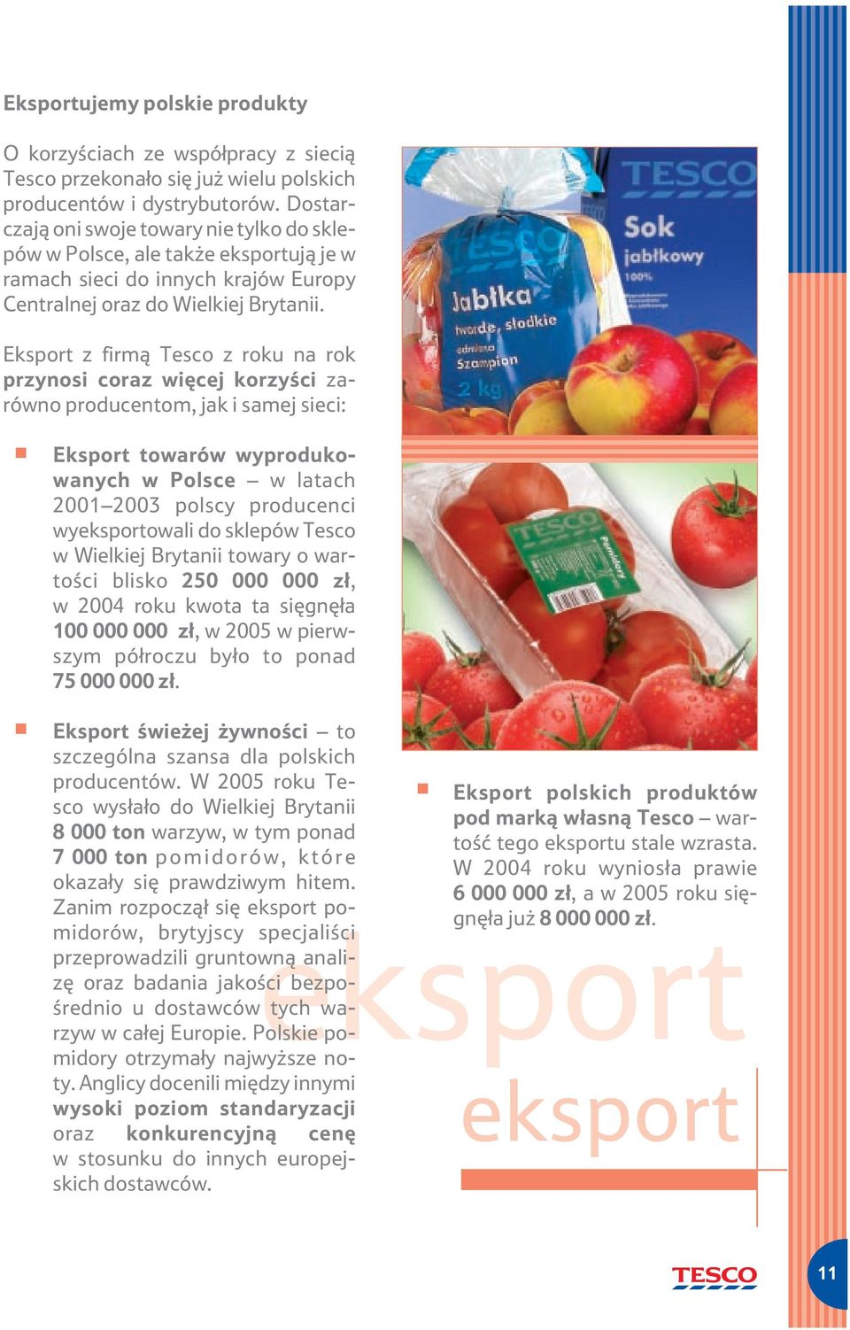 Eksport z firmą Tesco z roku na rok przynosi coraz więcej korzyści zarówno producentom, jak i samej sieci: Eksport towarów wyprodukowanych w Polsce w latach 2001 2003 polscy producenci wyeksportowali